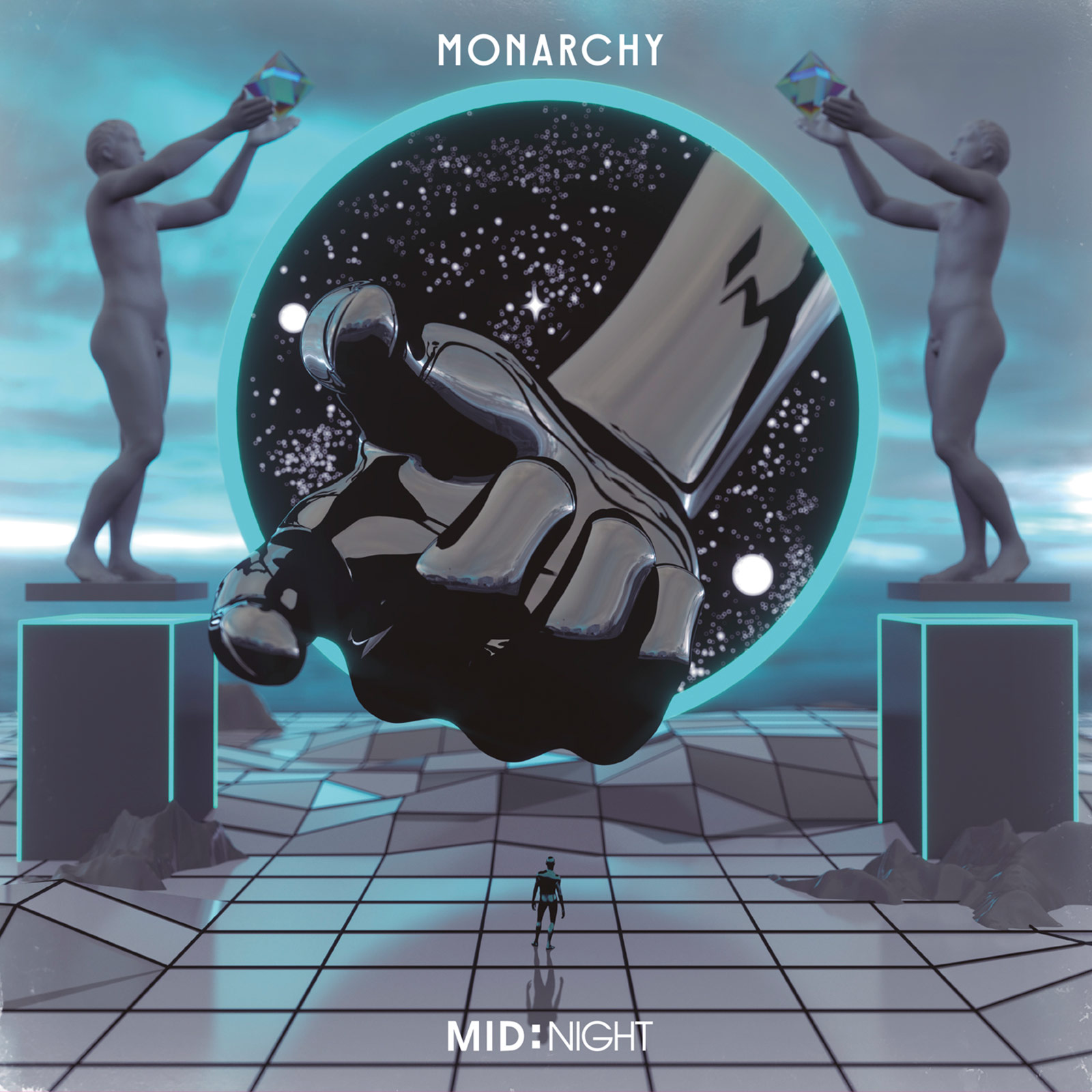 Monarchy mid:night - blue background with pedestals, two figures holding spheres above a finger pointing and a small figure below in blue and grey