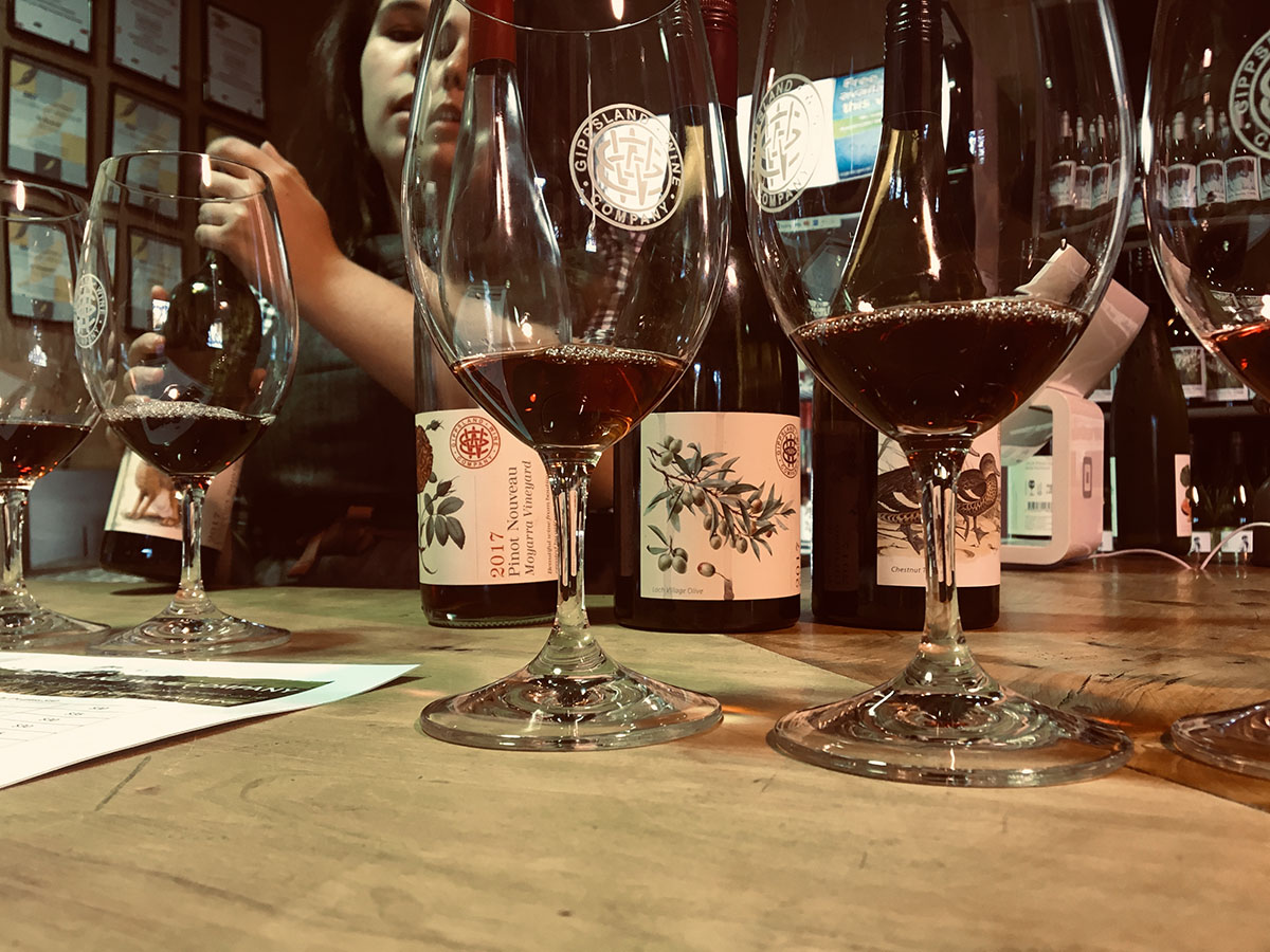 glasses of red wine at a tasting at gippsland wine company