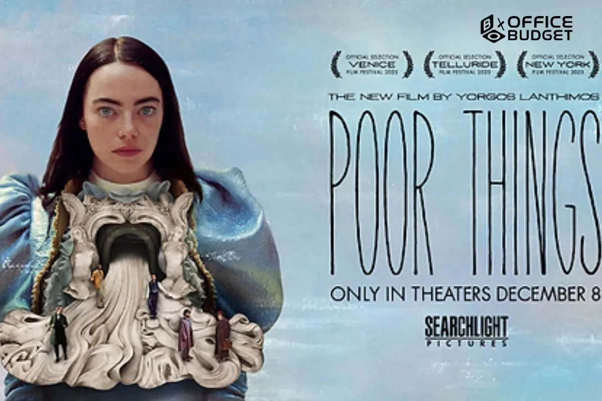 Poor Things movie review - Emma Stone in blue dress with fabric pouring from her chest and some of the characters in the film standing on the fabric coming from her chest