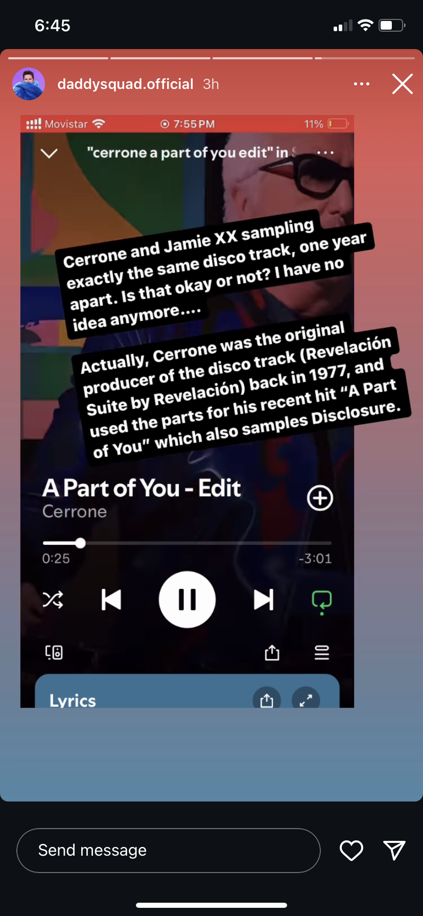 daddy squad instagram story about a cerrone song sampling an originak